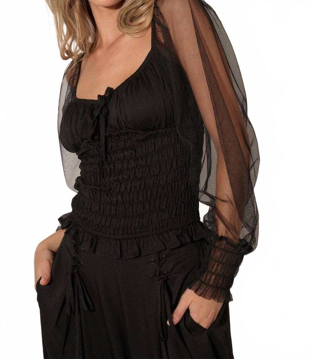 NEW PROMESA square neck sheer long sleeve smocked top in black